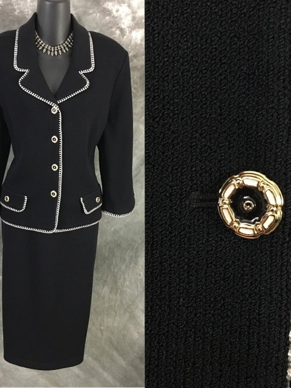 BEAUTIFUL st john collection knit black white multi jacket skirt suit size 10 12